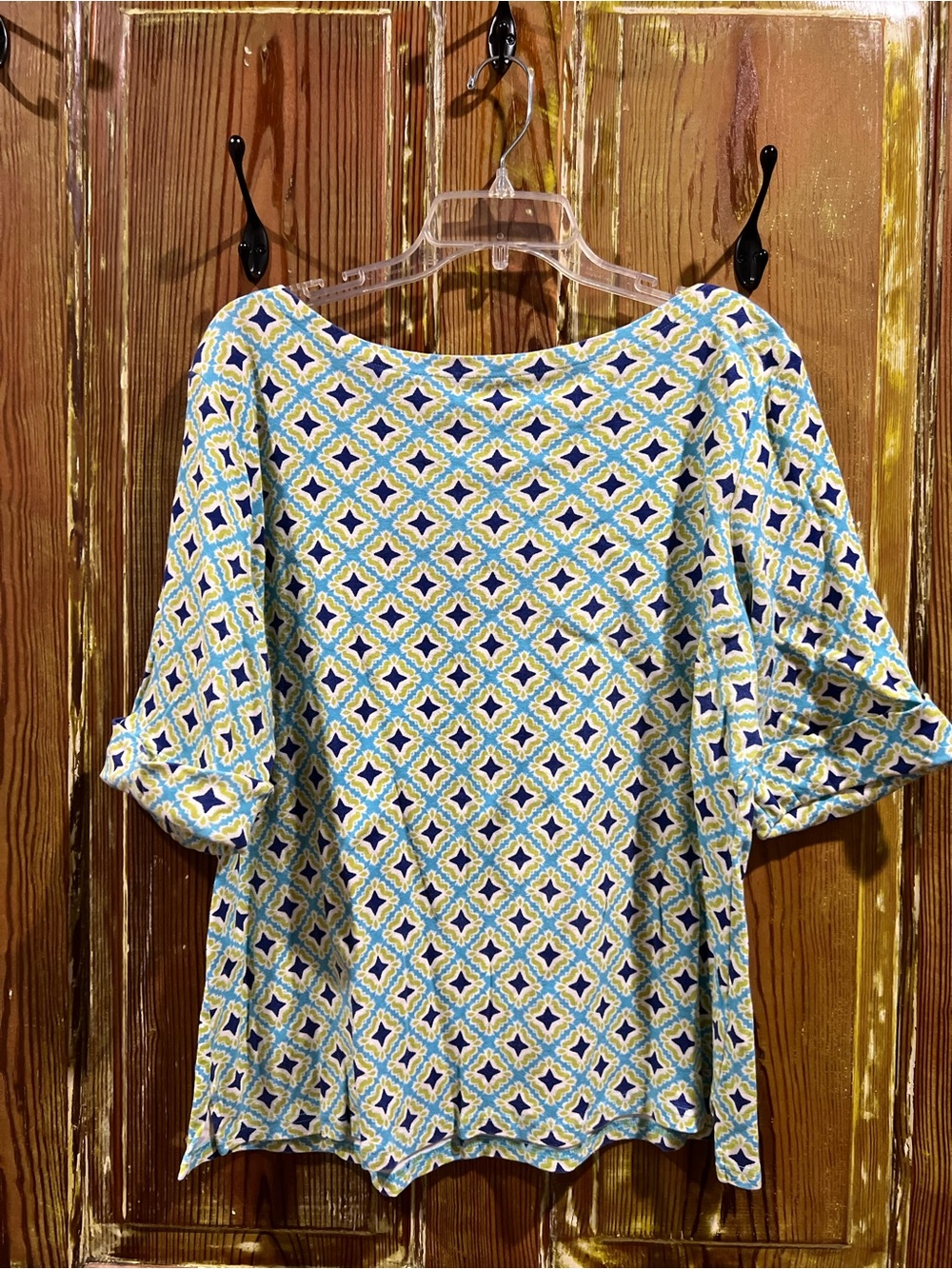 Kim Rogers Blue, Green and White Patterned Boatneck Top